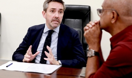 A discussion between Minister of Agriculture, Livestock, Land and Irrigation K.D. Lalkantha and United Nations Resident Coordinator Mr. Marc-André Franche